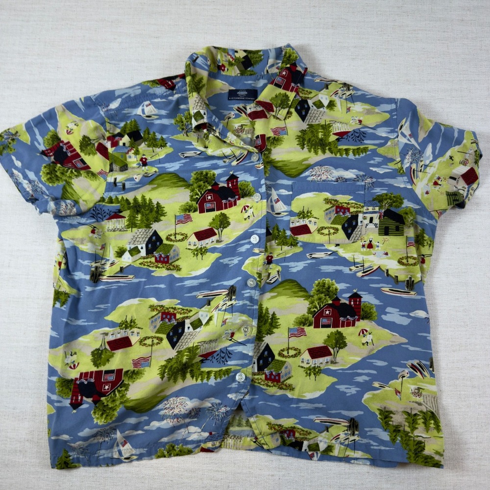 Crazy Horse Liz Claiborne Americana Scenic Print Rayon Button Down Shirt XL Blue